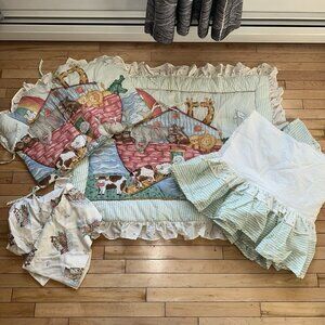 VTG Noahs Ark Animals Baby Quilt Blanket Nursery Crib Sheet skirt Set Simmons